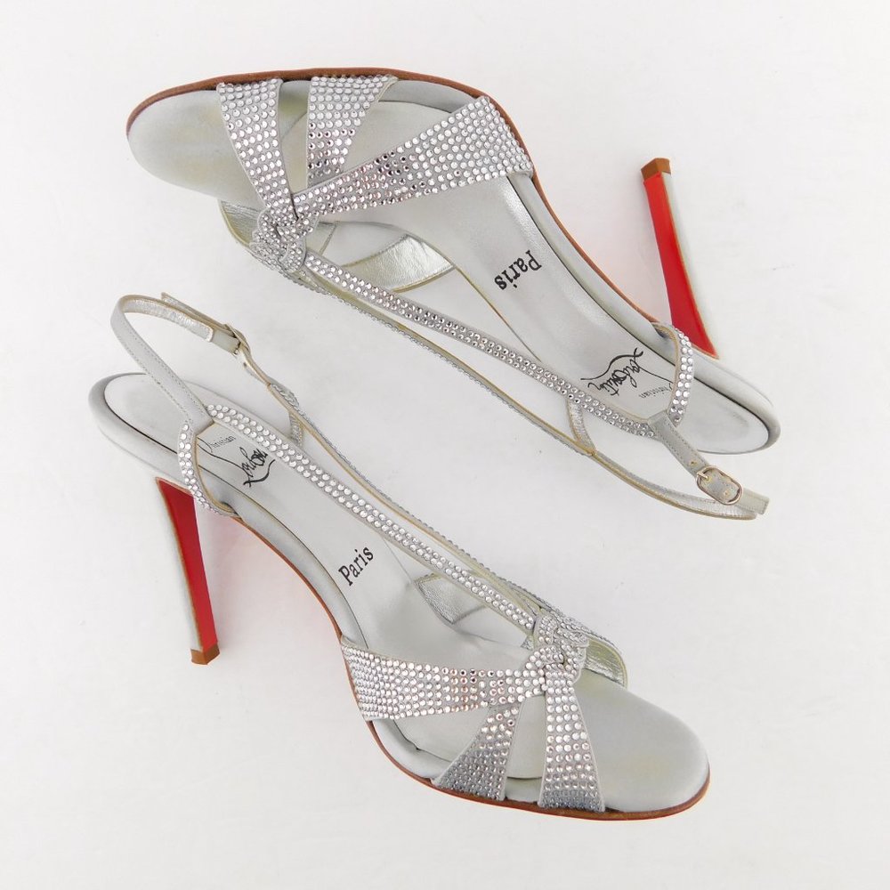 CHRISTIAN LOUBOUTIN Crystal Encrusted Silver Satin Strass Evening Heels 37.5 - Picture 4 of 10